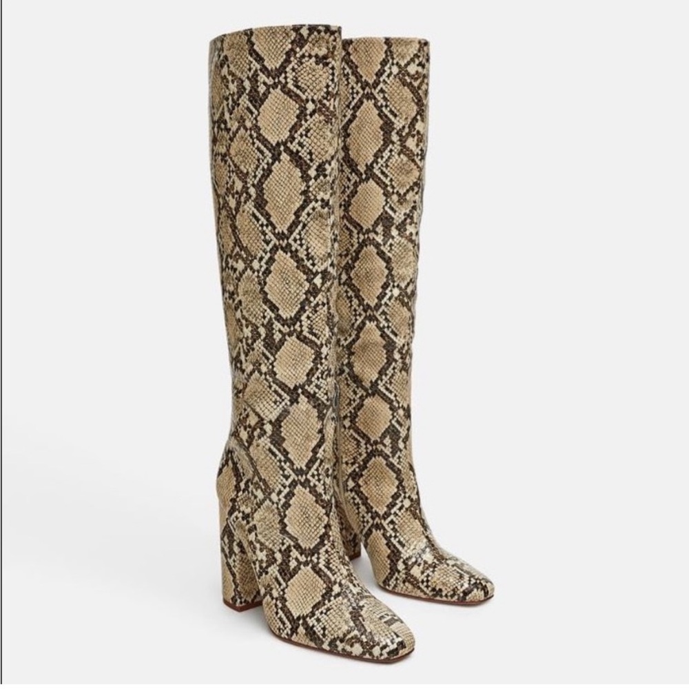 Zara high knee heeled snake boots